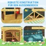 Details des AIYAPLAY Spielhauses aus Holz: Tannenholz, A-Dach, Einklemmschutz, glatte Oberfläche.