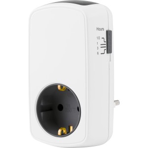 Weißer Kurzzeit-Schaltadapter für Hausfunksteuerung mit Zeiteinstellung und Kinderschutz.