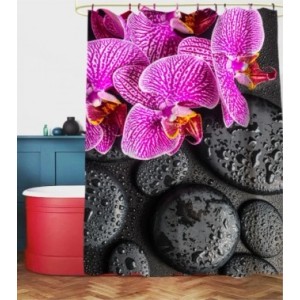 Sanilo Duschvorhang Madeira mit pinken Orchideen und schwarzen Steinen, 180x200 cm.