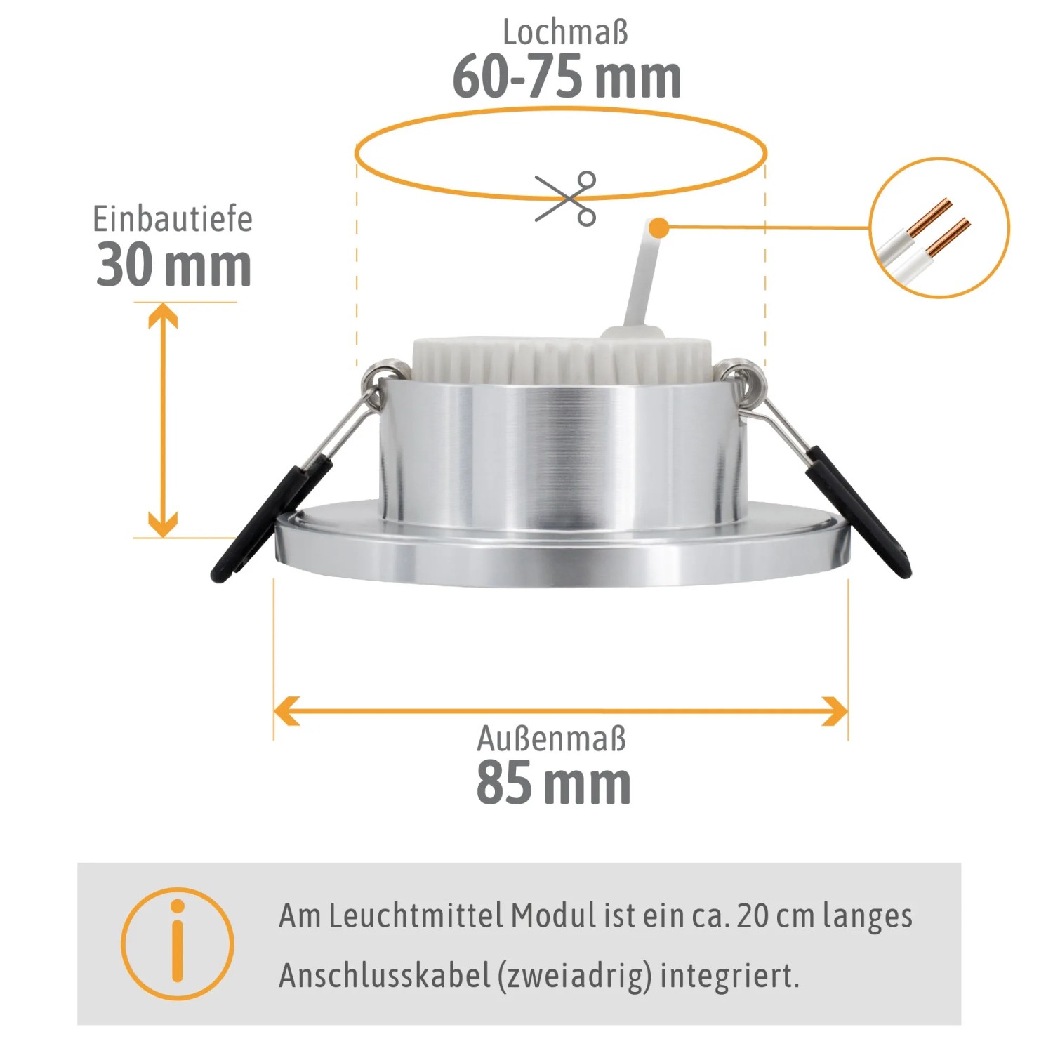Detailaufnahme SSC-LUXon BEDA Smart LED Einbauspot: Maße für Einbau, Loch und Außendurchmesser.