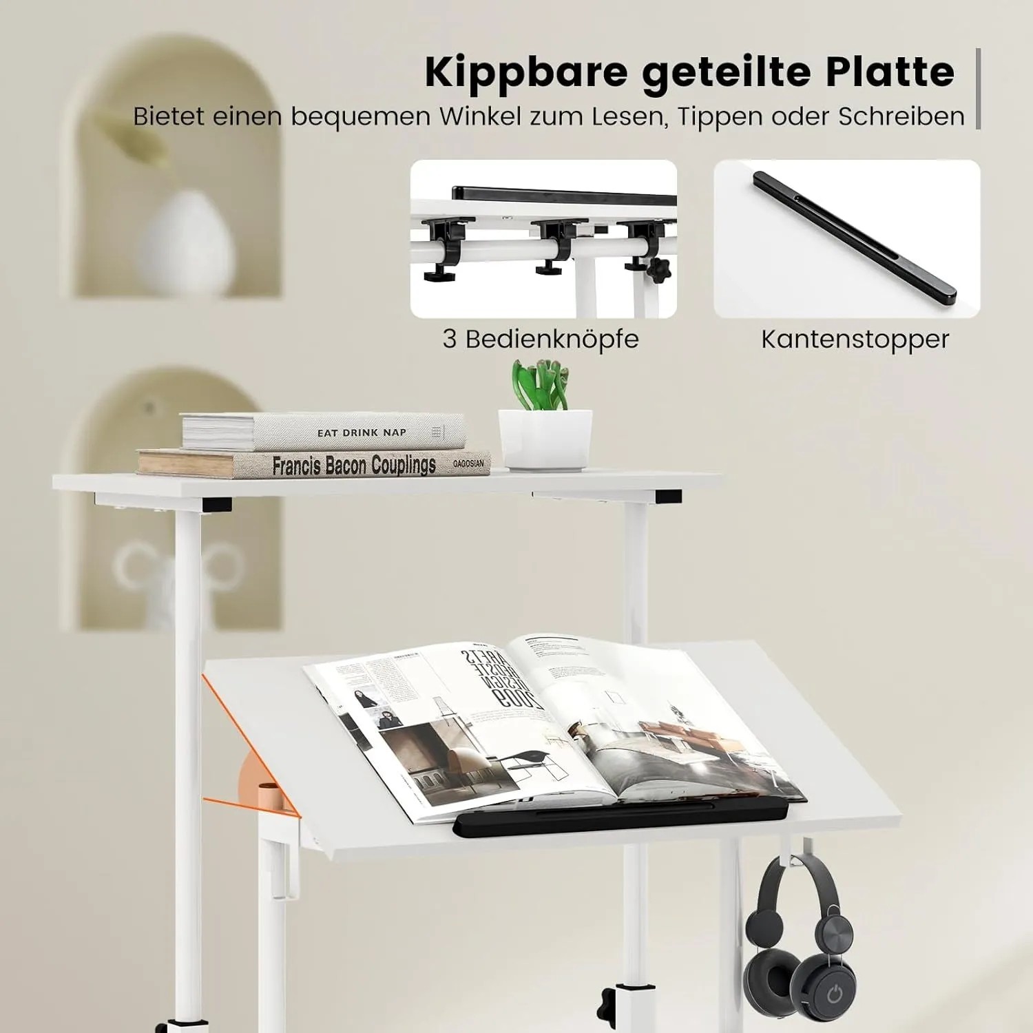 Höhenverstellbarer, mobiler Computertisch Costway in Weiß mit neigbarer Platte und Haken.