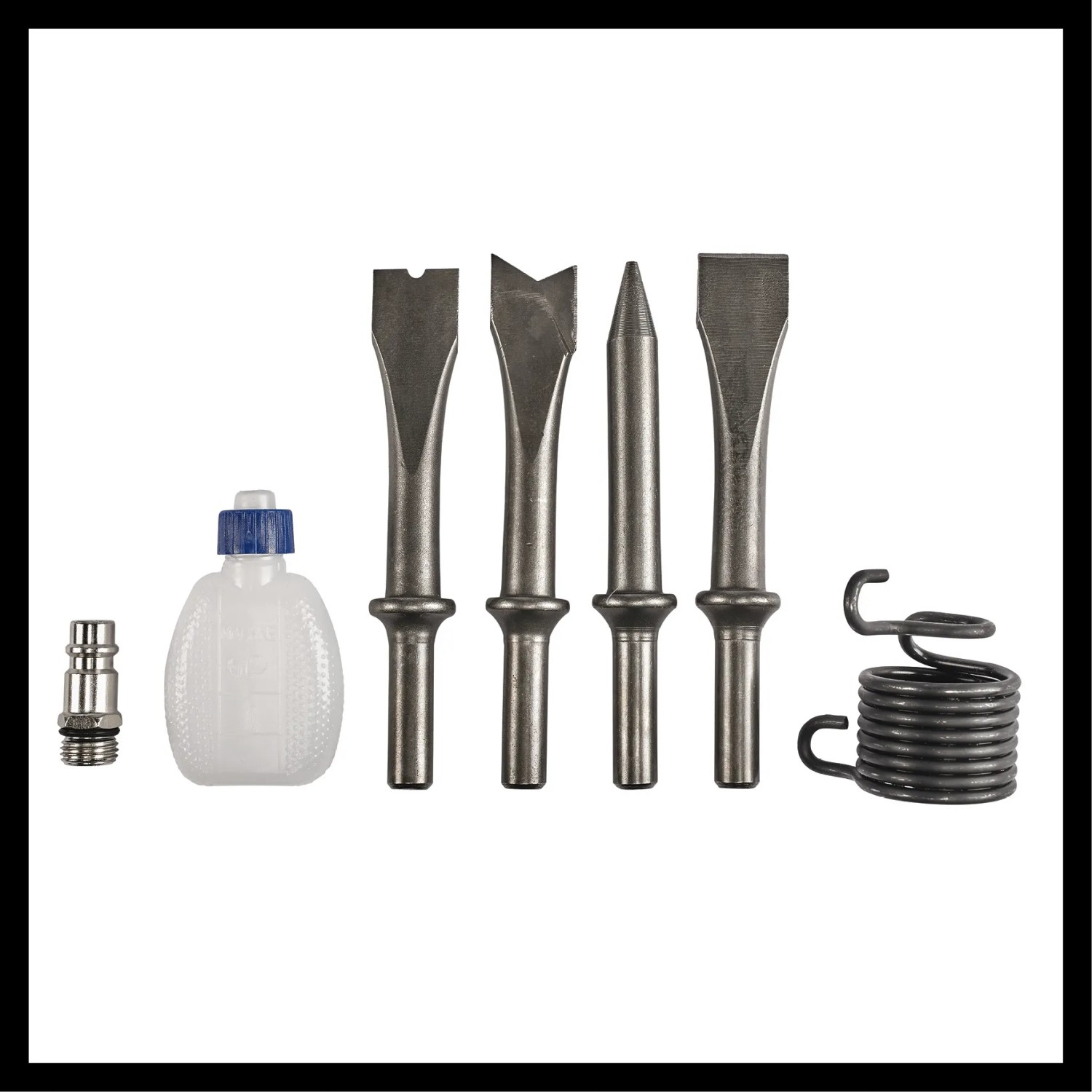 Einhell TC-PC 45: 4-tlg. Meißelset, Ölflasche, Stecknippel und Feder für Druckluft-Meisselhammer.