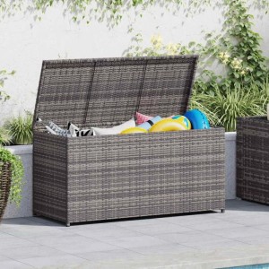 Graue Furnicato Garten-Auflagenbox aus Polyrattan, 120x50x60 cm, zur Aufbewahrung im Garten.