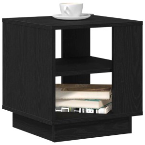 Quadratischer Couchtisch in schwarzer Eiche aus Holzwerkstoff mit 2 Regalen. Modernes Design für Wohnzimmer.