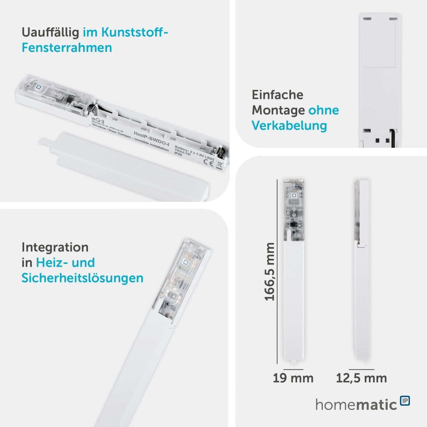 HmIP Fenster- und Türkontakt für verdeckten Einbau, weiße Sensoren und Maße.