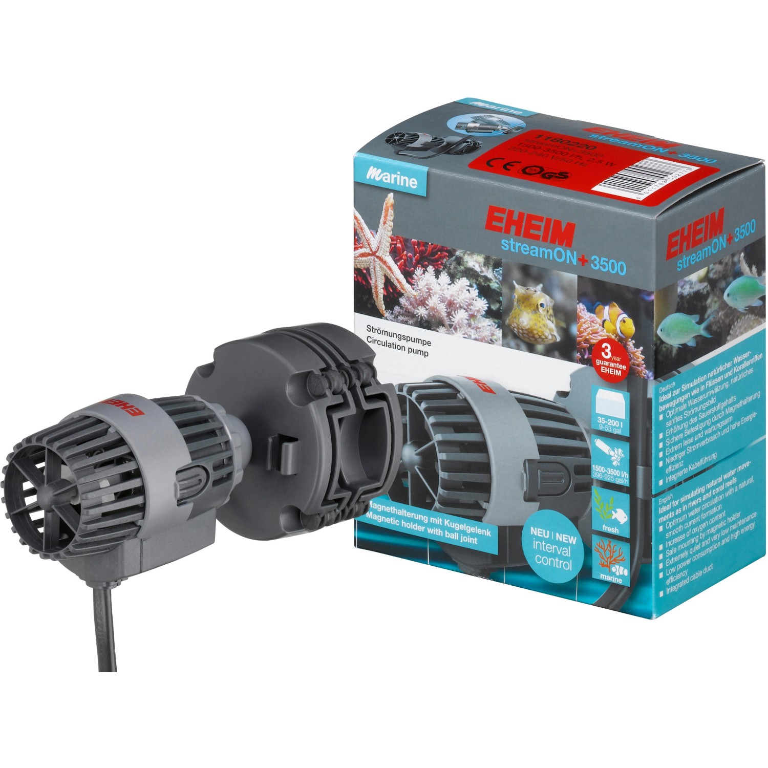 Eheim Stream On+ 3500 Strömungspumpe für Aquarien, mit Magnethalterung und stufenloser Regelung.