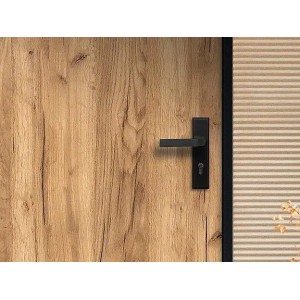 Helle Haustür in Naturfarben mit Eichenoptik und schwarzem, modernem Türgriff. Klassische Stahltür.