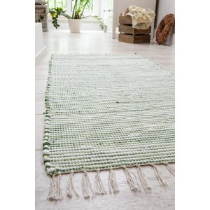 Grüner Teppich Kentucky, 60x120 cm, aus Wolle mit Fransen.