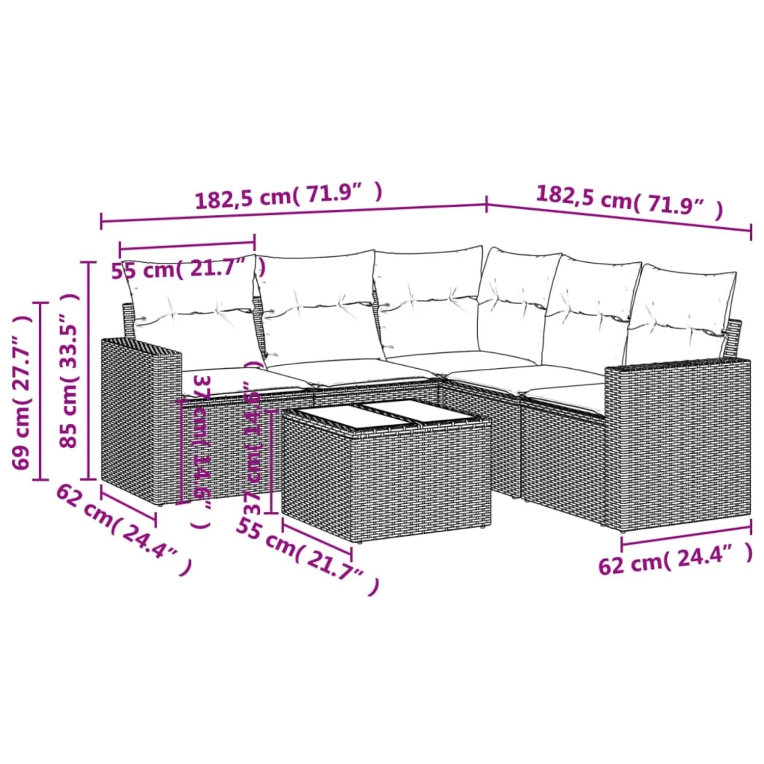 Graue 6-tlg. vidaXL Garten-Sofagarnitur aus Poly Rattan mit Tisch und Kissen.