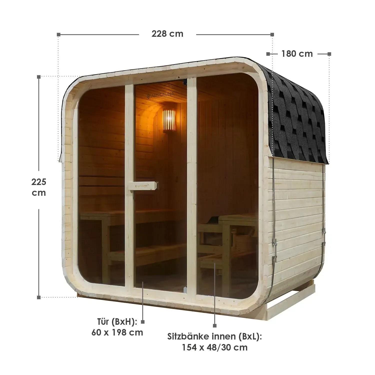 Artsauna Cube Fasssauna Fjora: Quadratische Gartensauna mit Panoramafenster und Maßen.