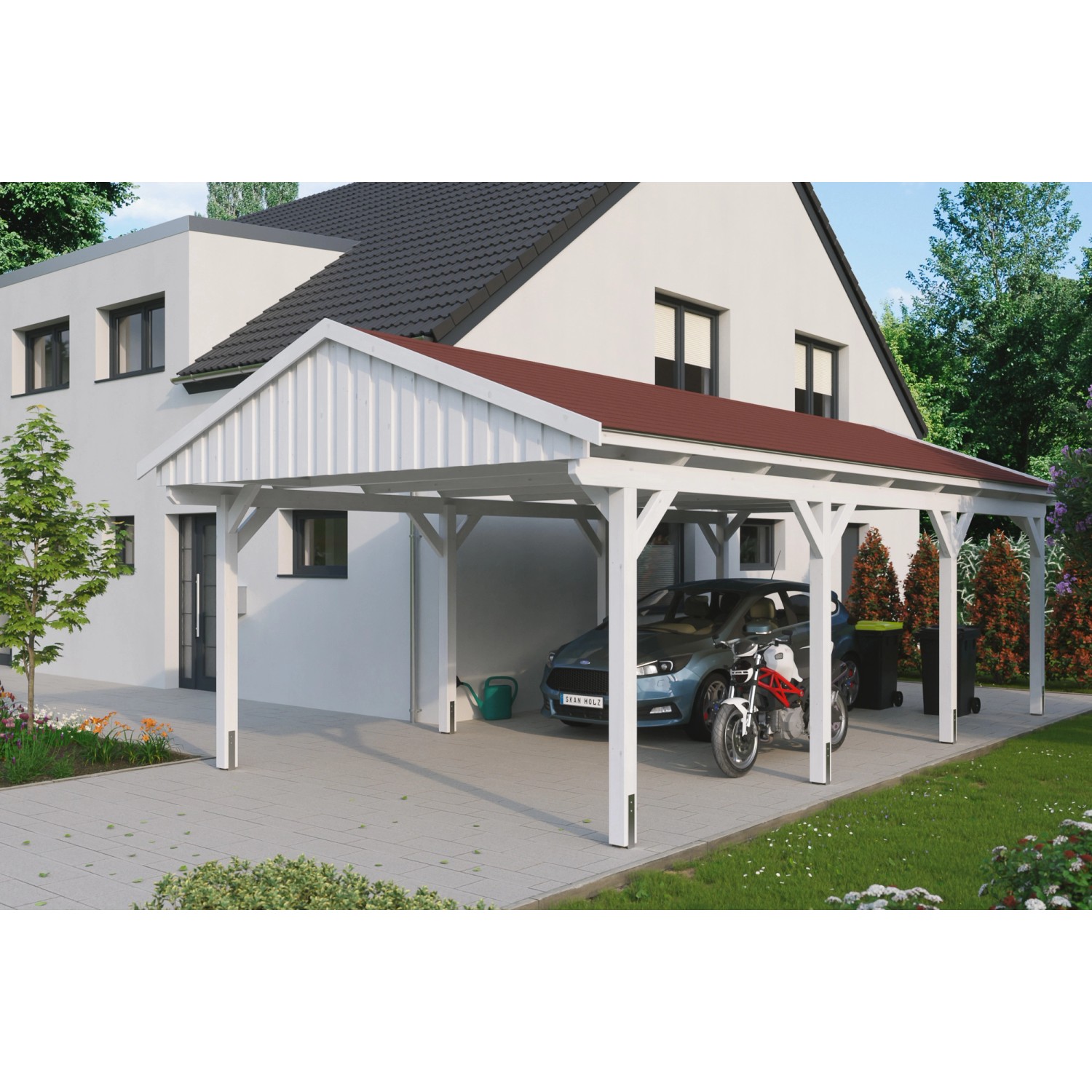 Skan Holz Carport Fichtelberg 423 cm x 808 cm Rote Schindeln Weiß