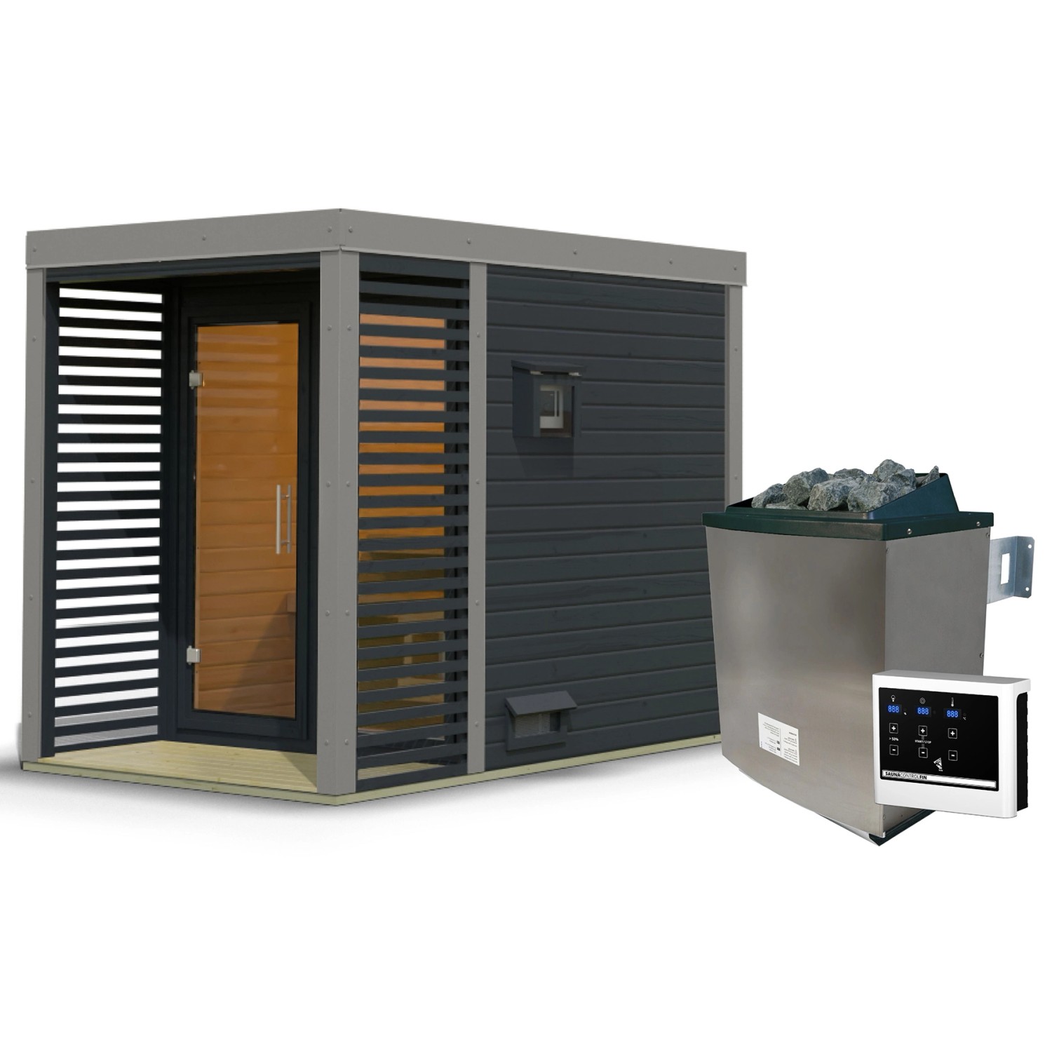 Karibu Saunahaus Seros 1 Zoll mit Ofen 9 kW Extern Anthrazit/Graualuminium günstig online kaufen