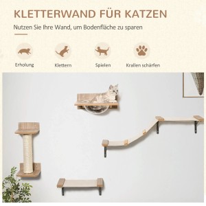 PawHut Kletterwand mit Kratzbaum und Katzentreppe, 4-teilig an einer weißen Wand.