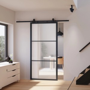 inova Loft Glasschiebetür 900 x 2150 mm Satiniert 4 Felder Komplettset aus Stahl in Schwarz inkl. 2Seitiger Softclose