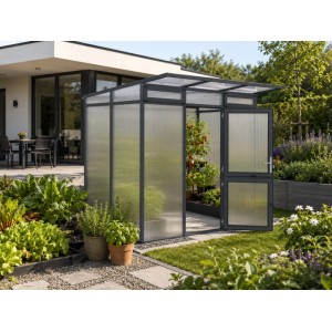KGT Gewächshaus Anthrazit-Grau im Garten. Begehbares Pflanzenhaus mit transparenter Wand, offener Tür und Pflanzen.