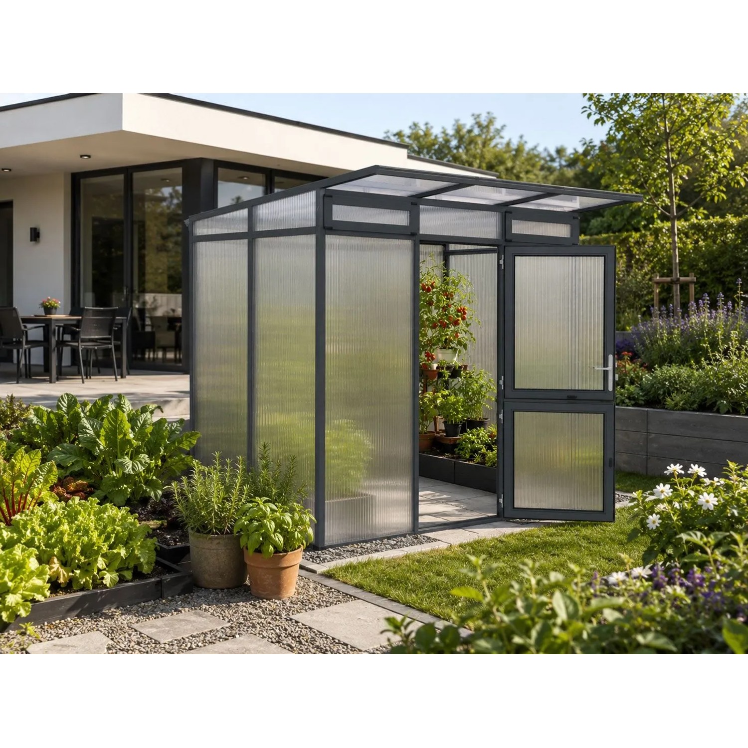 KGT Gewächshaus Anthrazit-Grau im Garten. Begehbares Pflanzenhaus mit transparenter Wand, offener Tür und Pflanzen.