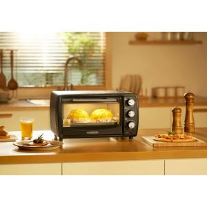 Steinborg Minibackofen SB-3005S, 13 Liter, 1200 Watt, Schwarz, mit Speisen im Garraum.