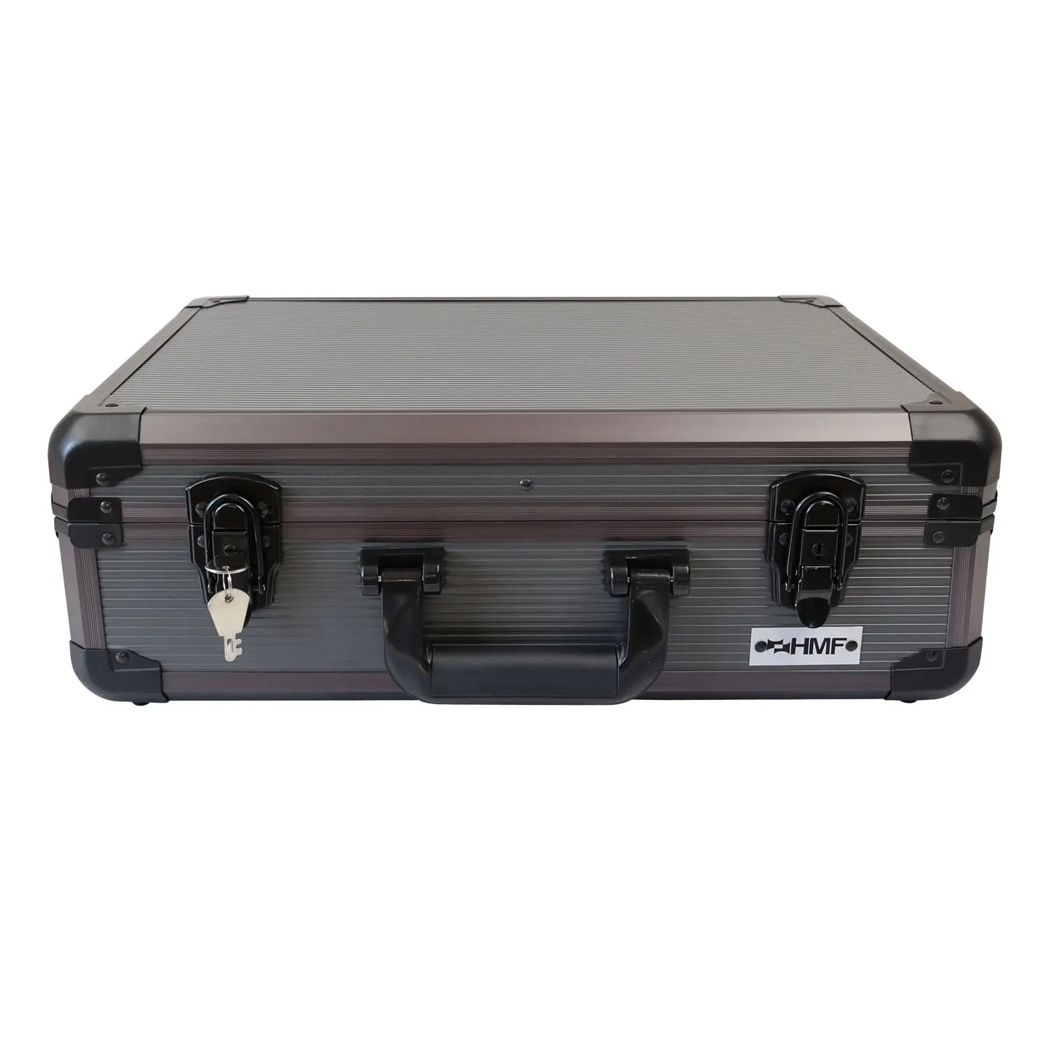Schwarzer HMF Alu Werkzeugkoffer (leer) mit Tragegriff und Schlüssel, 46x15x33 cm.