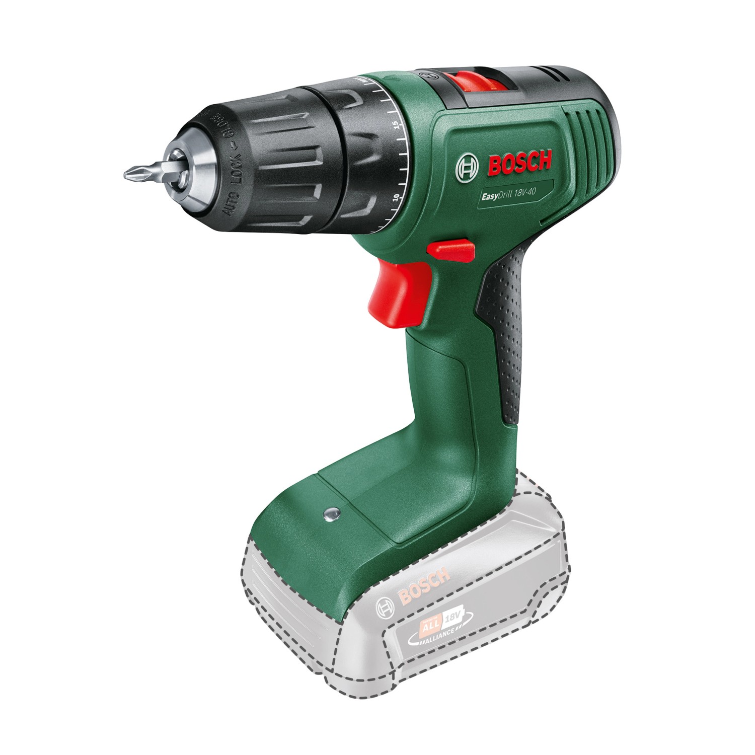 Bosch EasyDrill 18V-40 Akku-Bohrschrauber (ohne Akku) in Grün und Schwarz.