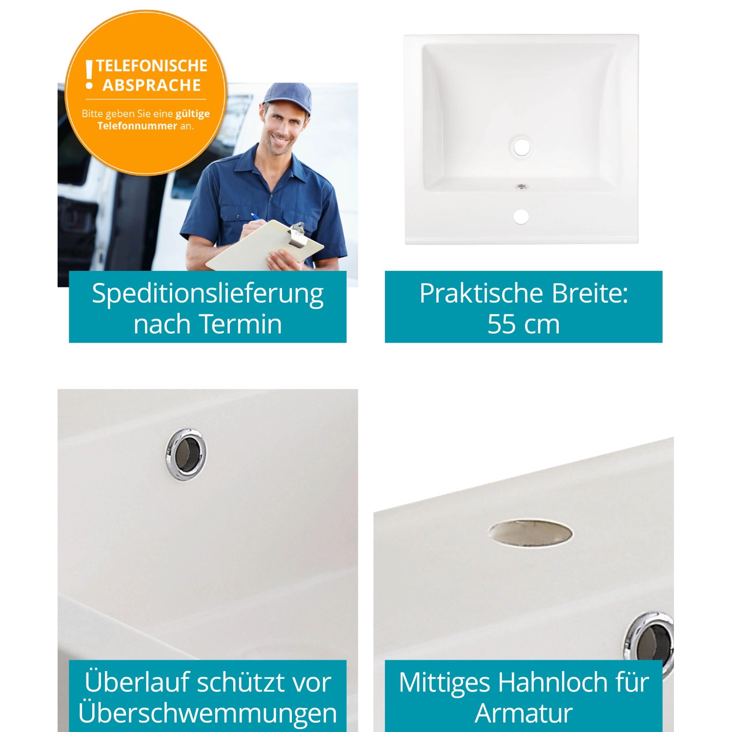 Calmwaters Stand-Waschbecken Modern Square 55 cm Mineralguss Weiß  