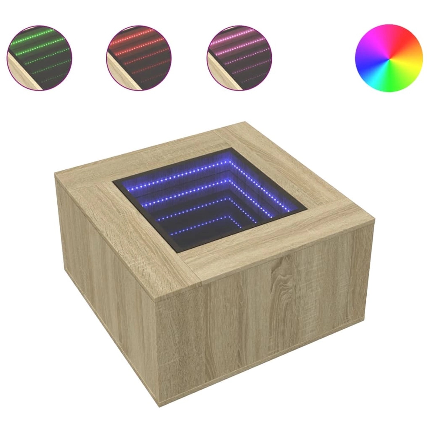 Quadratischer LED-Couchtisch Sonoma-Eiche mit Infinity-Spiegel für Wohnzimmer.