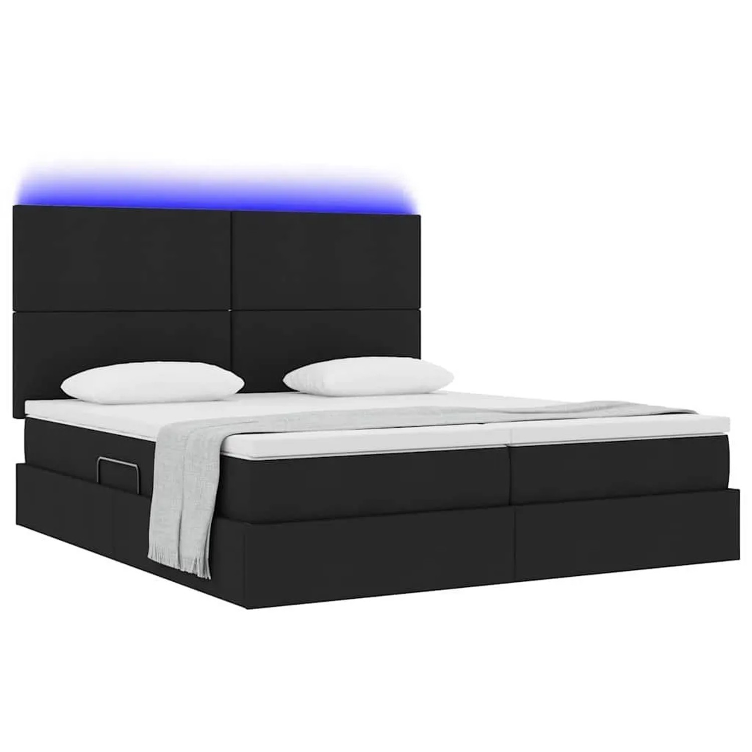 Schwarzes vidaXL Bett (200x200 cm) mit LED-Lichtleisten und Stoffbezug.