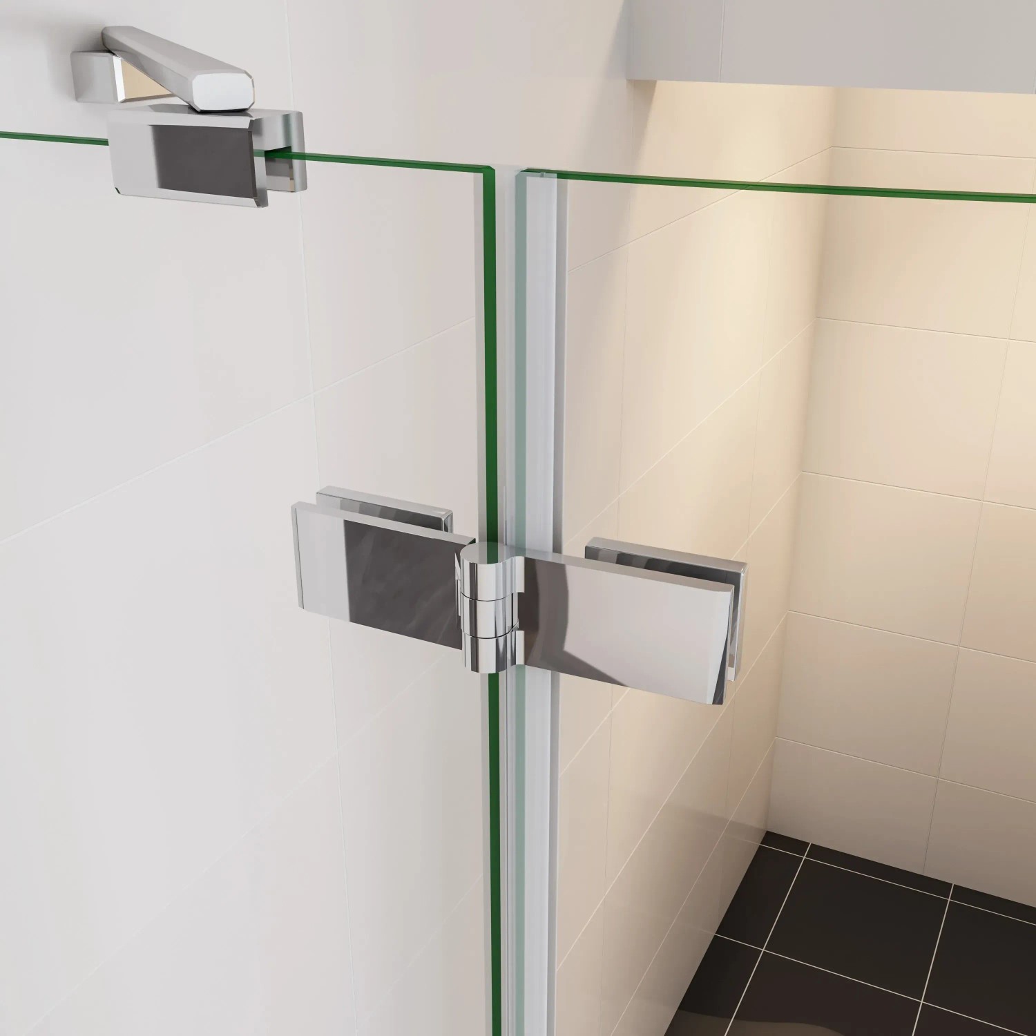 Detailansicht: AICA Viertelkreis-Duschkabine mit chromglänzenden Beschlägen und 6mm ESG Sicherheitsglas.