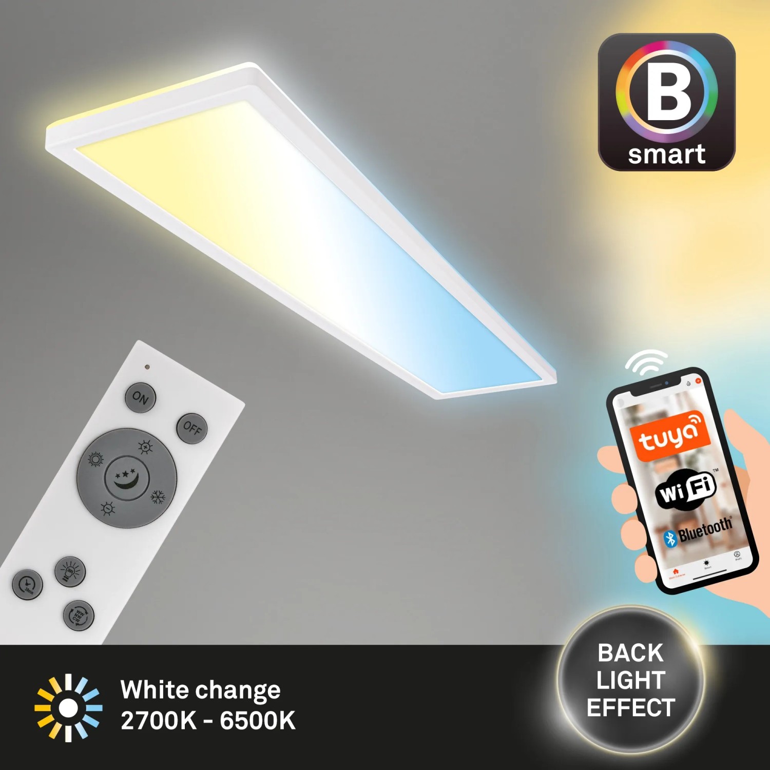 Brilo Wifi-LED Panel Tava, smarte Deckenleuchte mit App- und Sprachsteuerung, inkl. Fernbedienung.