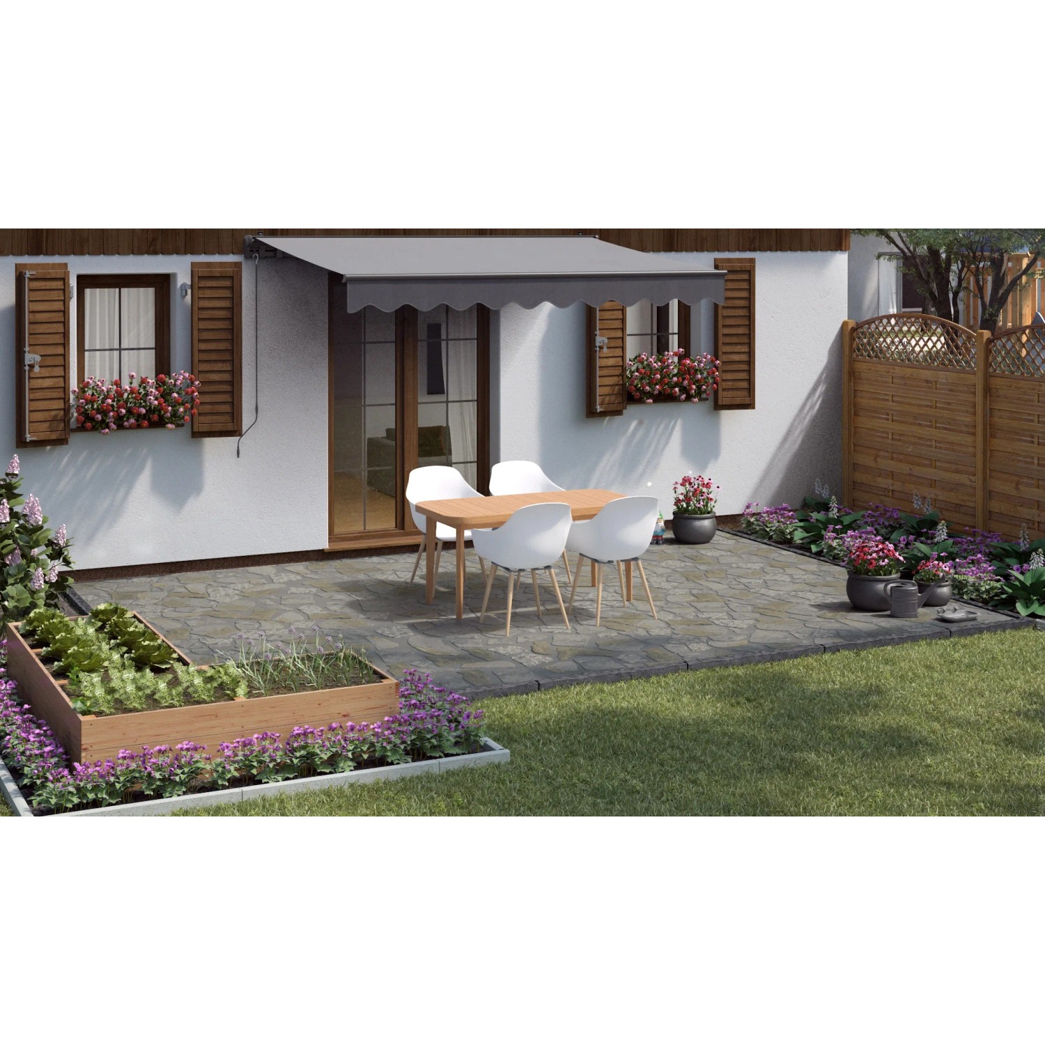 Verlegte Quarzit Polygonalplatten Kavalla als Terrassenbelag mit Gartenmöbeln.