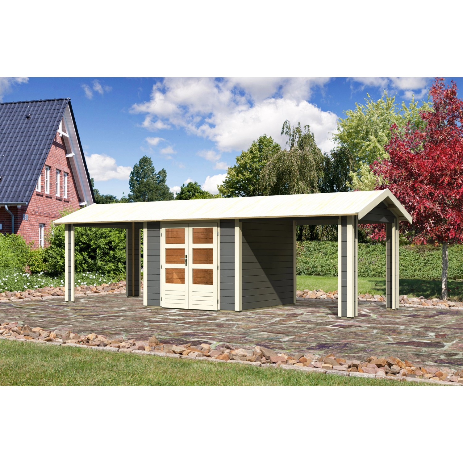 Karibu Holz-Gartenhaus Timra Terragrau Satteldach Lackiert 240 cm x 244 cm günstig online kaufen