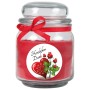 Rote HS Candle Duftkerze "Danke" im Glas mit Rosen-Motiv und Schleife.