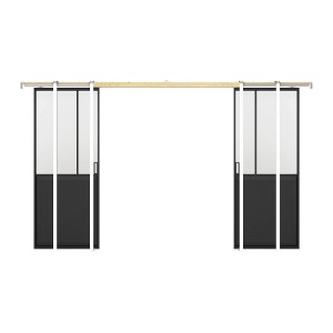 Doppel-Schiebetür Artisto Schwarz mit mattiertem Glas, Industrial-Stil, auf Holz-Laufschiene.