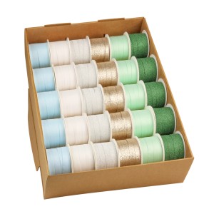 Geschenkband Weihnachten, Ringelband mit Glitzer in Hellblau, Grün, Creme, Gold und Silber im Karton.