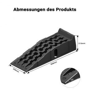 Schwarze Wiltec Auffahrrampe aus PP mit Maßen 908x308x215mm und 17° Neigung für Kfz-Wartung und Nivellieren.