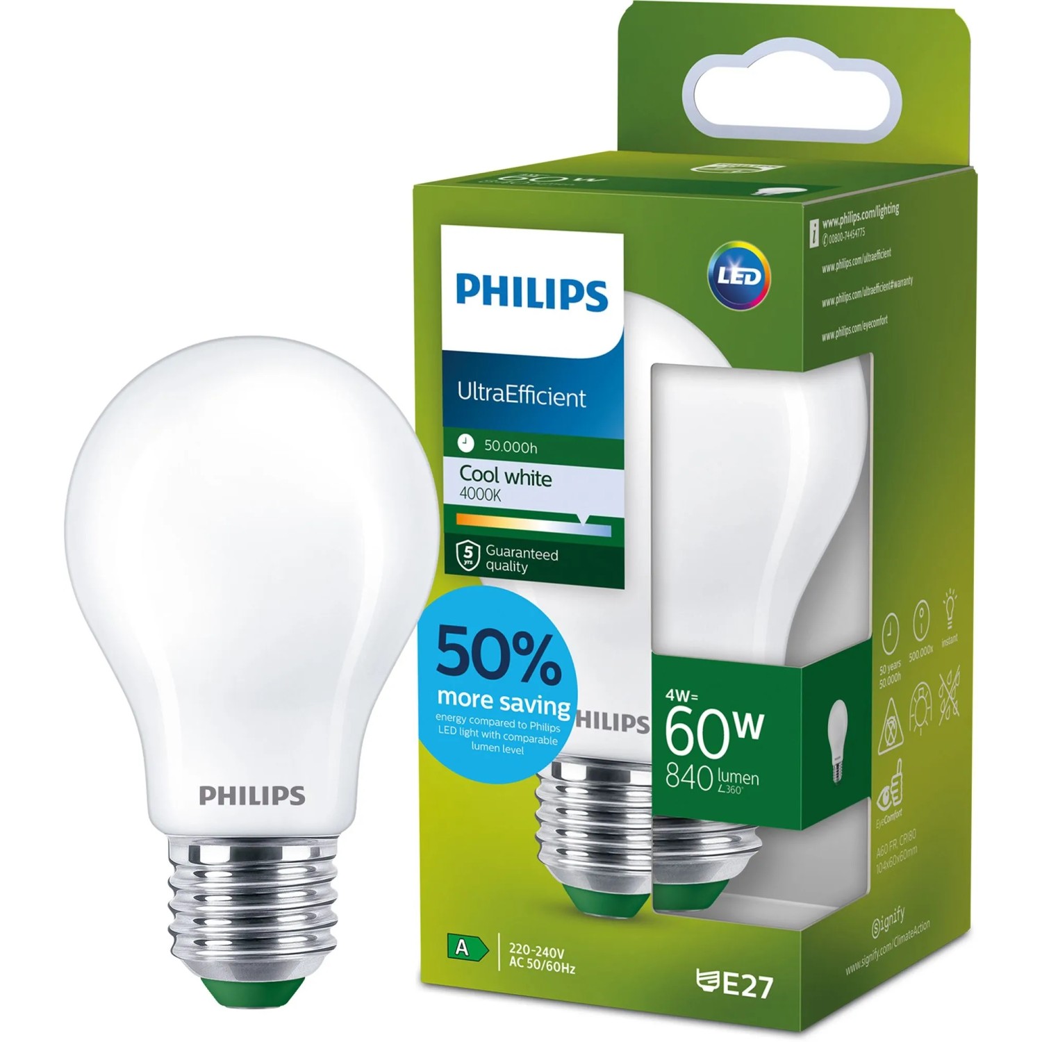 Philips LED-Leuchtmittel ultraeffizient E27 Glühlampenform 4W 840lm Matt