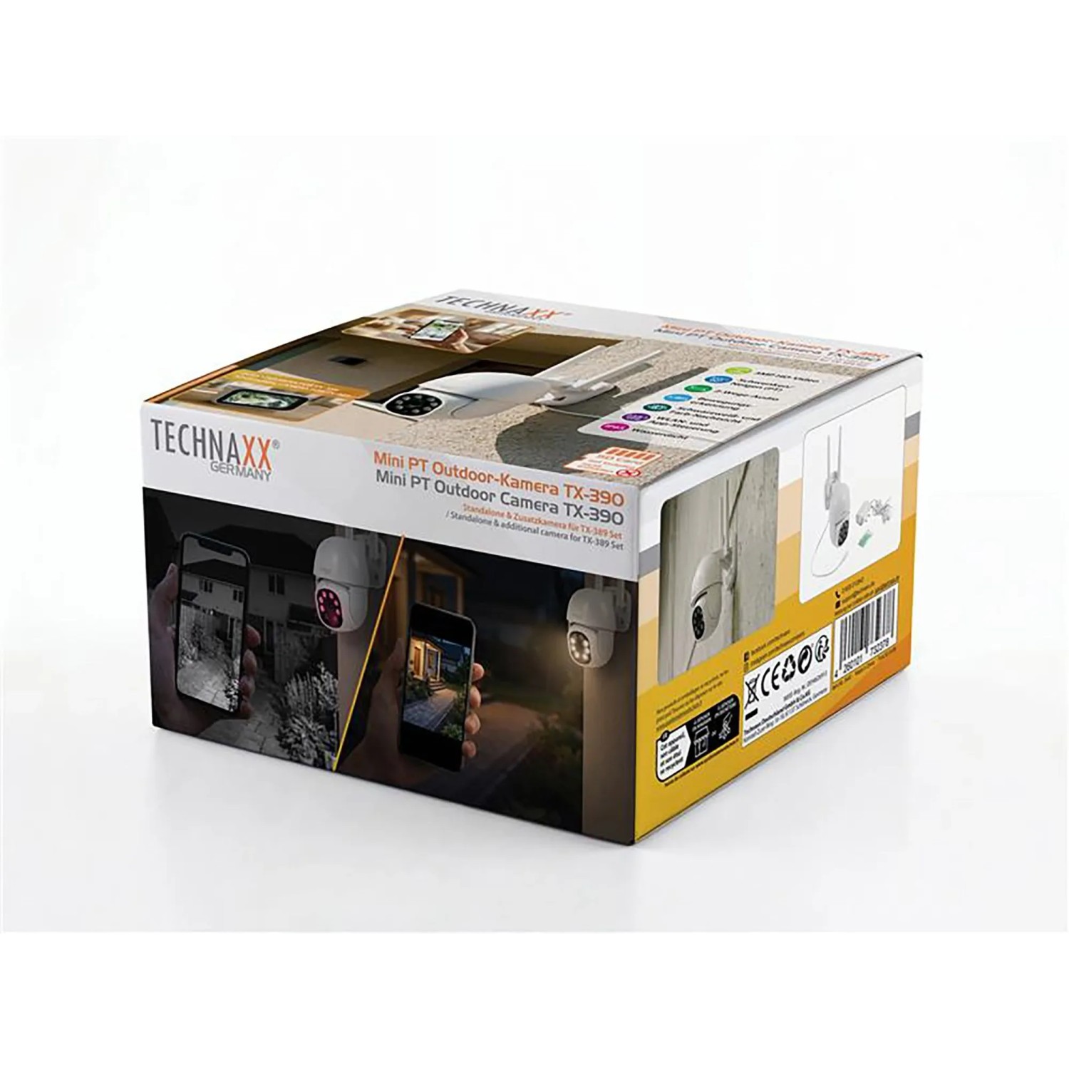 Verpackung der Technaxx Mini PT Outdoor-Kamera TX-390. Zeigt Überwachungskamera, App-Steuerung und Nachtsicht.