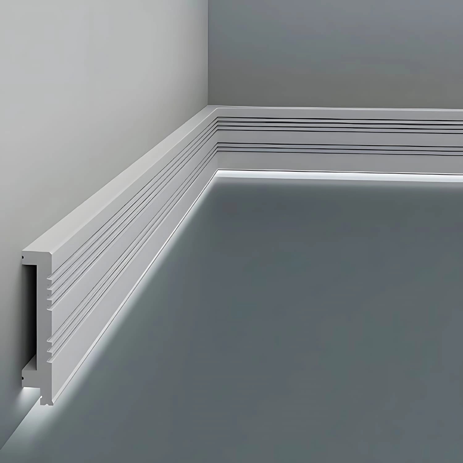 Weiße PROFHOME Sockelleisten mit indirekter Beleuchtung im Set (16 Stück, 32 m).
