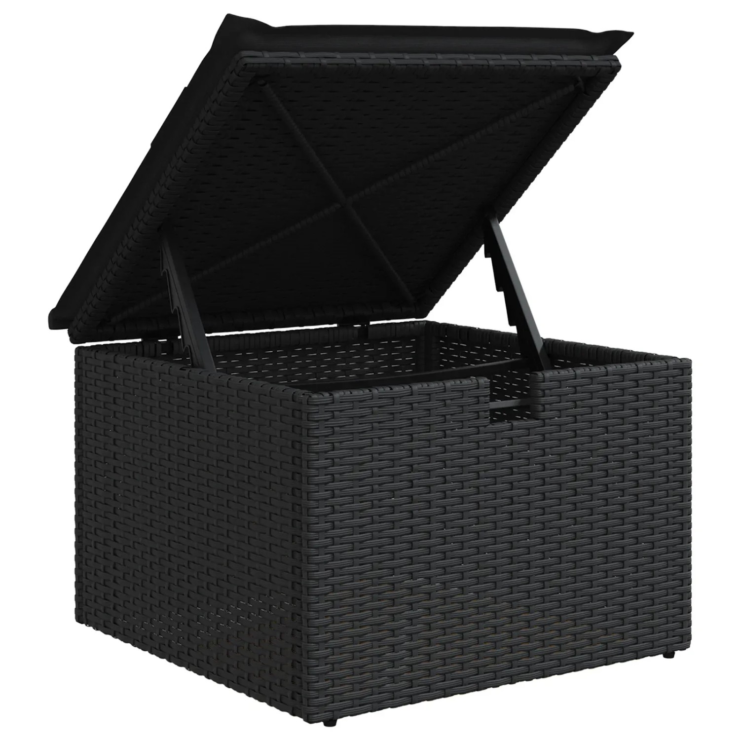 Schwarze vidaXL Gartenmöbel Auflagenbox aus Polyrattan mit geöffnetem Deckel.