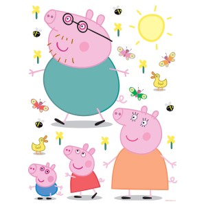 Sanders & Sanders Wandtattoo Peppa Wutz (85x65cm) mit Peppa Familie, Sonne, Schmetterlinge und Blumen.