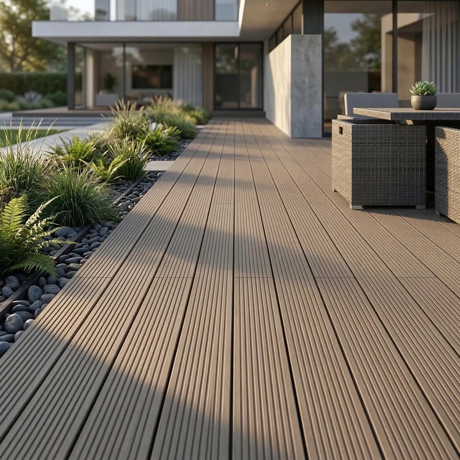 Woodstore24 WPC Terrassendiele 240 x 14,5 x 2 cm Hohlkammer Geriffelt Komplettset mit Clipsystem Braun 5 m²