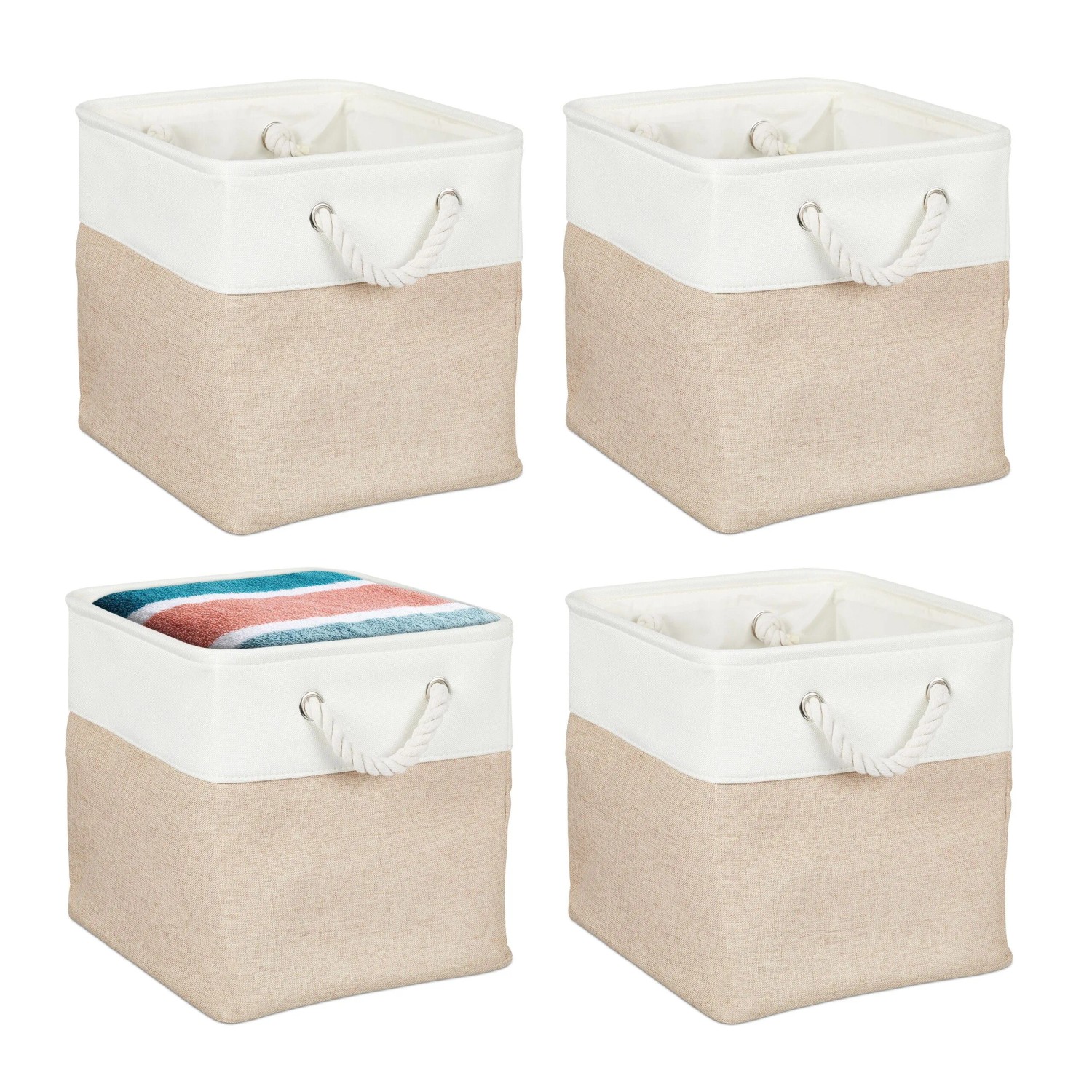Relaxdays Aufbewahrungskorb 4er Set Leinen Beige Faltbar 28 cm x 28 cm x 28 cm