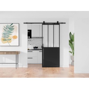 Schwarze Vente-unique Schiebetür Artisto mit mattiertem Glas im Industrial-Stil, 63 cm, als Raumteiler.