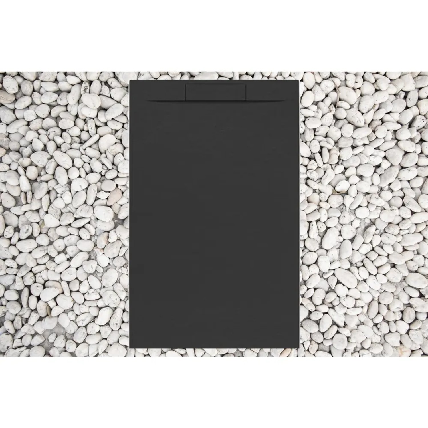 Schwarze Frascio Duschwanne 155x90 cm aus Harz/Marmor, Vulcano Line Plus mit Abdeckung.