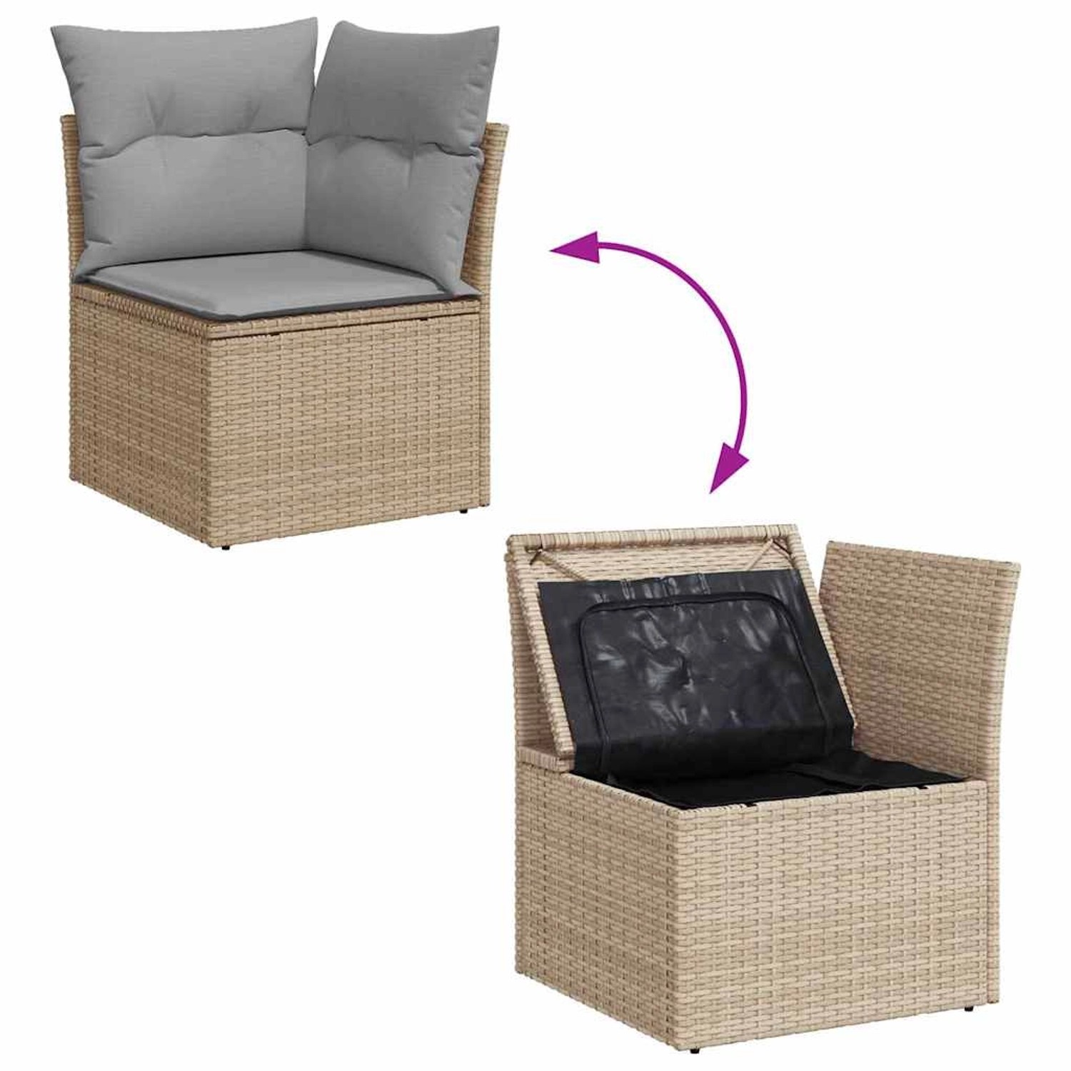 Beiges vidaXL Gartenmöbel-Set mit Stauraum, Poly Rattan, 7-teilig. Sofa-Element mit geöffnetem Staufach.