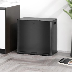 Schwarzer HOMCOM Mülleimer mit 3 Fächern (je 15L) und Tretpedalen.