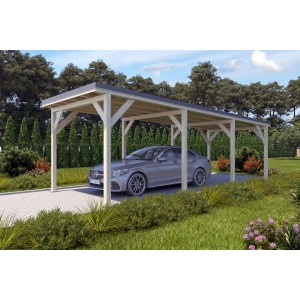 Holzbrüder Einzelcarport Ralf, imprägniert, mit dunkelgrauem Blechdach und Auto.