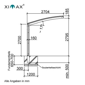 Technische Zeichnung Ximax Alu Carport Portoforte Caravan Typ 80, Maße und Details zur Sonderfertigung.
