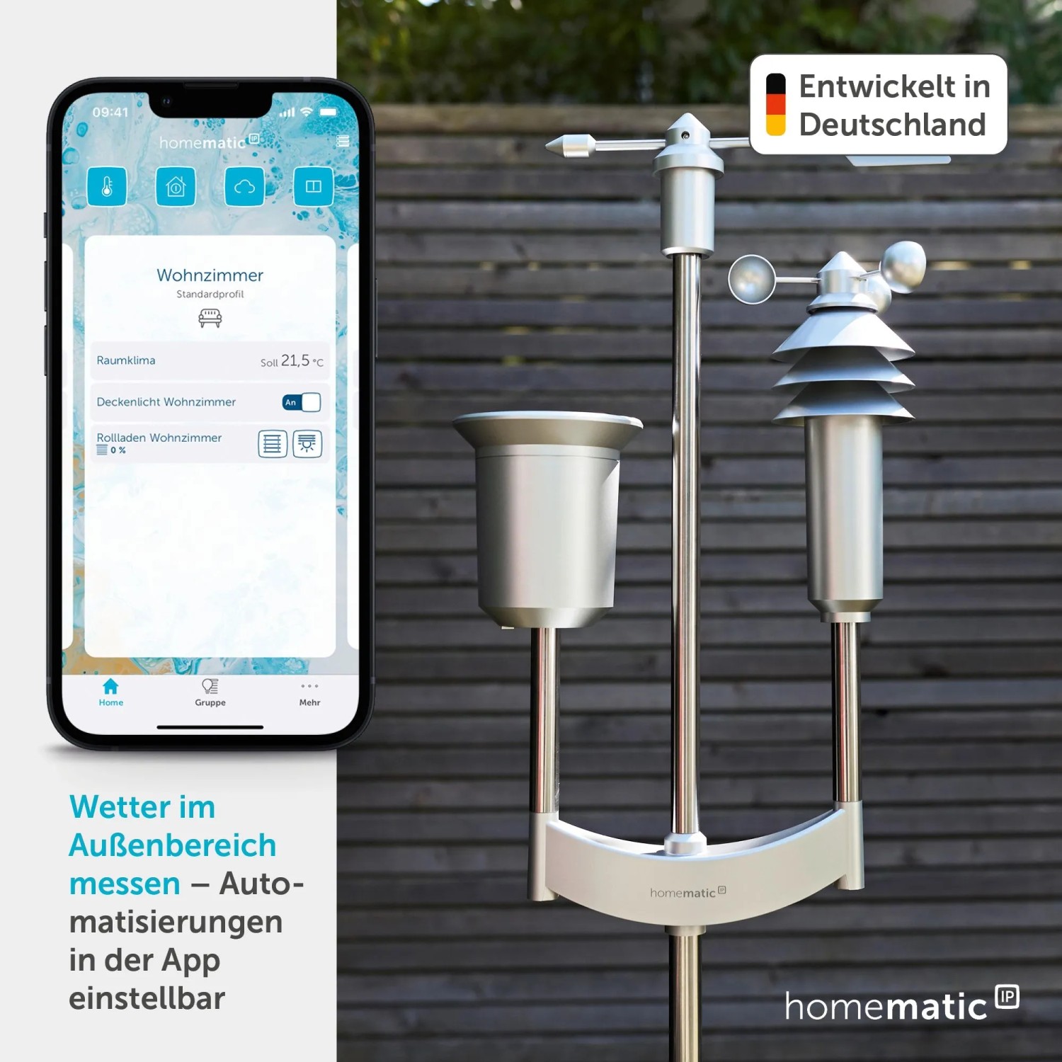 Homematic IP Wettersensor pro auf Edelstahlmast, misst Wetterdaten, Anzeige in App für Hausautomation.