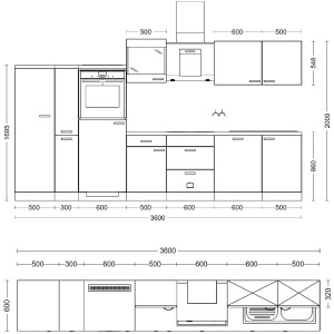 Skizze der Küchenzeile Flex-Well Valero, 360 cm, in Weiß Hochglanz und Sonoma Eiche, mit Maßen.