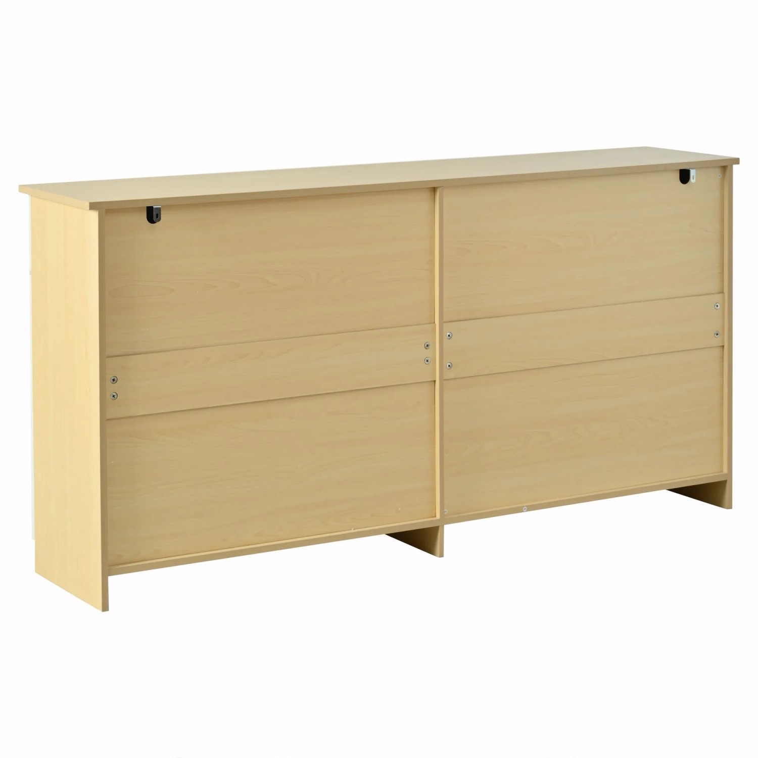 Rückseite eines Merax Sideboards in heller Holzoptik mit glatter Oberfläche. Wohnzimmerschrank aus MDF.
